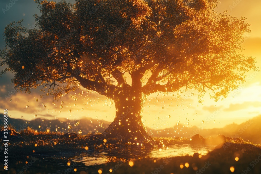 Aufkleber majestic tree illuminated by golden sunlight with sparkling leaves during sunset near distant mounta