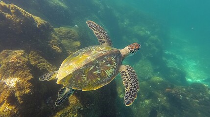 Obraz premium Graceful Green Sea Turtle Swimming in Ocean - Underwater Wildlife Photography for Environmental Conservation Awareness