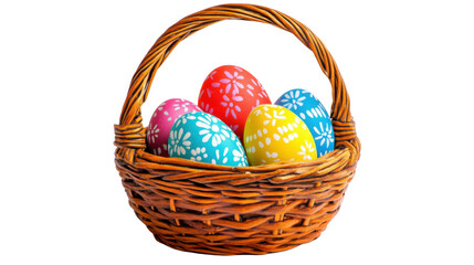 colorful easter eggs in a basket isolated on white background
