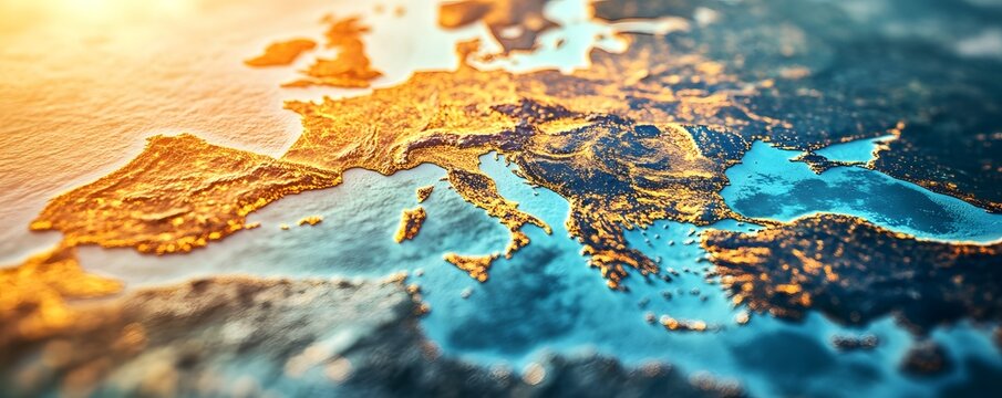 Europe rendered in gold and blue evokes a map aesthetic