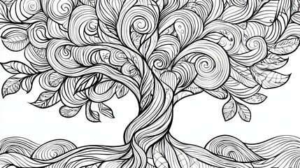 Ornate Whimsical Tree Illustration Black Ink Detailed Drawing Nature Botanical Swirl Design Elegant Artistic Graphic Print Zentangle Style Decorative 