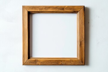 A wooden square frame hanging against a white wall background