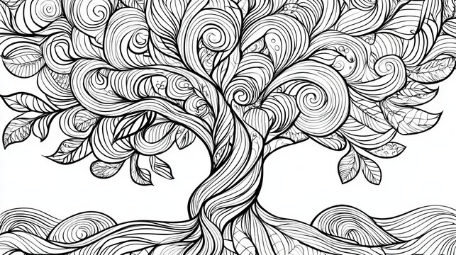 Ornate Whimsical Tree Illustration Black Ink Detailed Drawing Nature Botanical Swirl Design Elegant Artistic Graphic Print Zentangle Style Decorative 