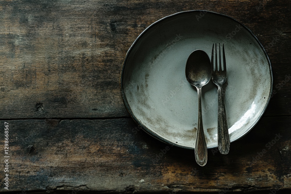 Leinwandbilder elegant silverware placed on a rustic wooden table with a round, empty plate in a cozy dining settin