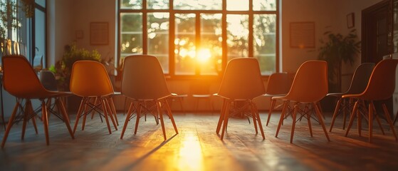 Group therapy circle with empty chairs, psychologist facilitating session, warm lighting, calm therapy room, peaceful atmosphere, psychological appointment setting