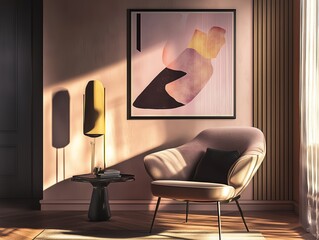 Warm and stylish interior featuring a contemporary chair, abstract wall art, and soft lighting creating a cozy atmosphere.