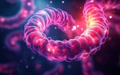 Healthy gut bacteria under microscope, vibrant microbes and microorganisms, macro view, digestive system, scientific study of gut flora and microbiome
