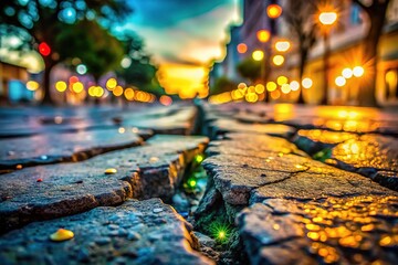 Damaged roadway, cracked and broken, a rough surface.