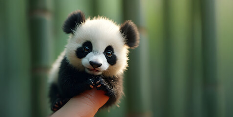 Tiny baby panda sitting on a fingertip, holding its tiny paws together. Miniature bear and bamboo forest concept.