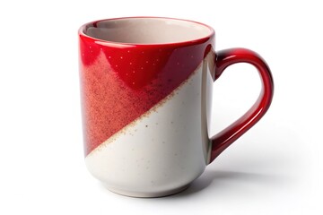 Diagonal pollen dust on a classic white mug, split view.