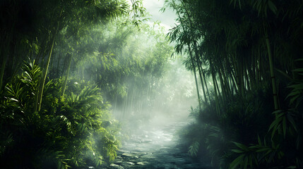 Fototapeta premium bamboo forest with lush green foliage, tall bamboo stalks emerging from the mist, creating a serene, magical atmosphere 