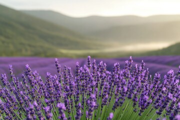 Fototapeta premium Lavender fields stretch across hills, creating serene landscape