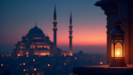 Naklejka premium ramadan kareem greeting - lantern, mosque, calligraphy at twilight