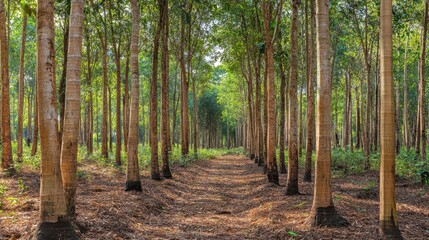 Lush Green Tree Plantation Pathway Through Tall Tree Trunks in Forest