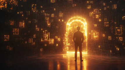 Businessman & virtual lock: data security in digital age.  Blockchain future.  Strong symbol for cybersecurity & tech innovation.

