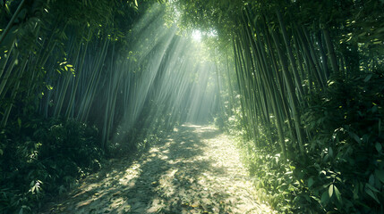 Fototapeta premium bamboo forest with tall, slender bamboo stalks, sunlight streaming through the gaps in the leaves, creating a calm and natural environment 