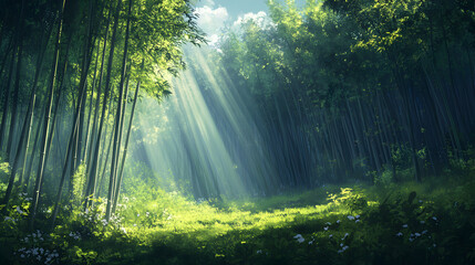 Obraz premium bamboo forest with tall, slender bamboo stalks, sunlight streaming through the gaps in the leaves, creating a calm and natural environment 