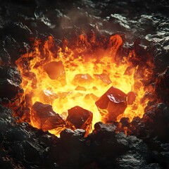 A close-up view of glowing, molten rock within a dark, rocky crevice. The intense orange and yellow flames illuminate the scene.