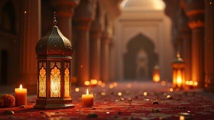 ramadan greeting card - ornaments, lanterns, candles, arabic