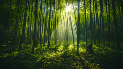 Fototapeta premium bamboo forest with tall stalks creating a natural, dense canopy, sunlight peeking through the bamboo leaves and creating a warm, serene ambiance 