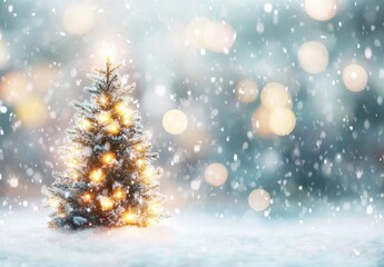 Beautiful Christmas Tree Decorated with Warm Lights Surrounded by Falling Snowflakes in a Dreamy Winter Wonderland Setting