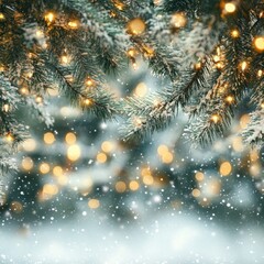 Beautiful close-up of snow-covered evergreen branches adorned with warm, glowing lights creating a magical winter wonderland atmosphere