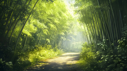 Fototapeta premium view of a tranquil bamboo forest, with sunlight filtering through the leaves, casting soft shadows on the forest floor 