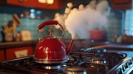 A vibrant red teapot releases steam on a classic stove, creating a warm and cozy kitchen atmosphere.