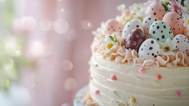 A festive Easter cake adorned with colorful chocolate eggs and flowers, showcasing pastel hues and intricate design.