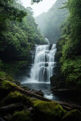 Obraz premium Majestic waterfall cascades amidst lush greenery, enveloped in s