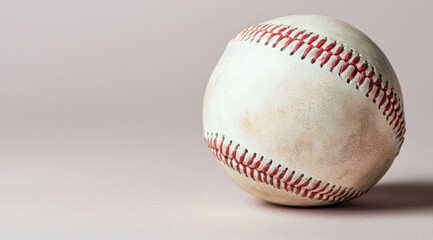 A close-up of a vintage baseball with visible stitching and wear, set against a soft, neutral backdrop.