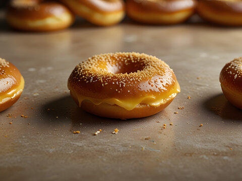 Close-up of a cimol generously filled with melted cheese. The donut has a golden-brown, slightly crispy exterior, and the cheese is oozing out from the inside. The texture of the cheese looks gooey an