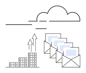 Obraz premium Envelopes and cloud symbolize digital communication. Growth bars and arrows represent data scalability, progress, and connectivity. Ideal for tech, cloud solutions, business growth, digital mail