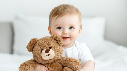 Happy baby cuddling teddy bear in bedroom