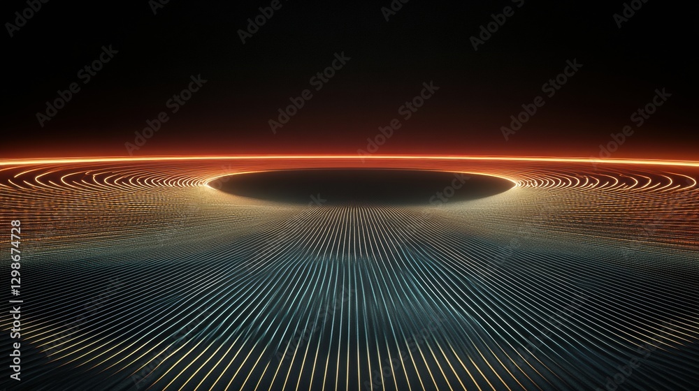 Poster Vibrant circular patterns illuminate a dark space with glowing lines radiating from the center. Generative AI