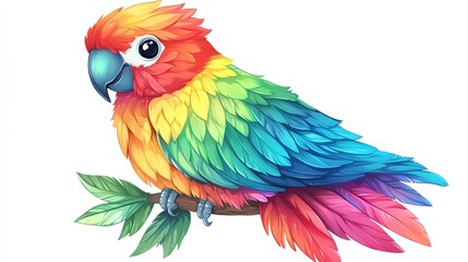 Fototapeta premium A vibrant, colorful parrot perched on a branch, showcasing a stunning array of rainbow feathers.