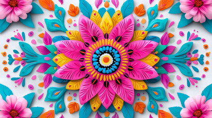 A vibrant, symmetrical floral design featuring bright pink, blue, yellow, and orange elements, creating a striking visual pattern.