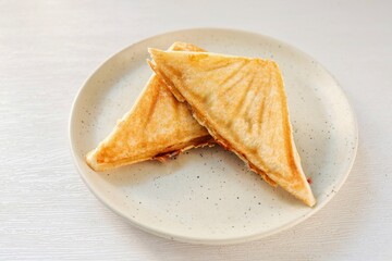 Toasted sandwich in ceramic pĺate on white background