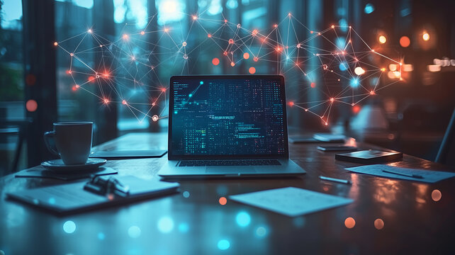 Laptop on table displaying statistical data with network effects on top of laptop . Photos with business and network concepts 