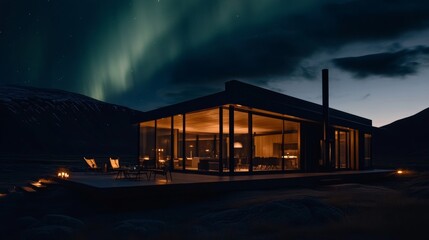 Obraz premium Nordic glass cabin glows under the Arctic sky with northern lights dancing above. Generative AI