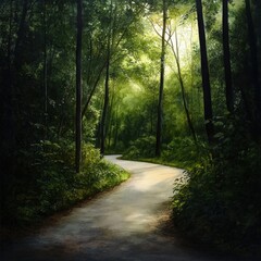 Obraz premium winding path through a lush green forest