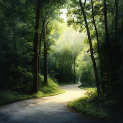 Obraz premium pathway through a green forest with sun light