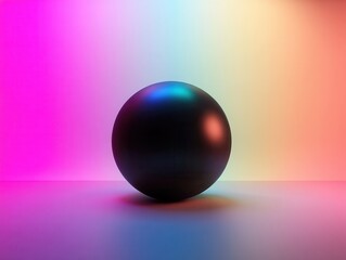 Obraz premium Black spherical object illuminated by colorful neon lights in a minimalistic setting, showcasing vibrant shadows and reflections on a smooth surface