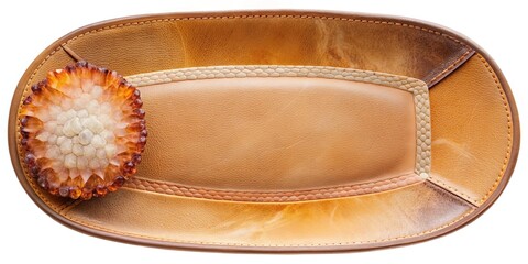 Fototapeta premium Leather-trimmed platter, frosted edge, smoky quartz, pale peach tones.