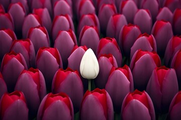Unique white tulip among red tulips. Stand out concept. Individuality and diversity in nature. Women's day, Mother's day, Valentine's day symbol. Floral background.