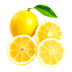 Beautiful arrangement of lemons with fresh juicy details isolated on transparent background