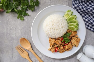 Deep Fried Pork and Garlic with rice in white plate, top view food table