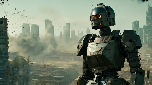 Robot sitting among dust and dirt, shells. Destroyed city, houses and streets. Concept of war artificial intelligence