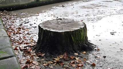 Obraz premium Old Tree Stump in Muddy Water Autumn Leaves