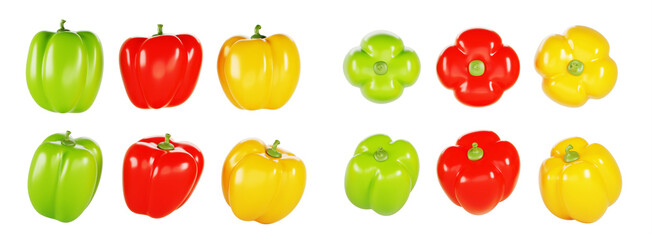3d set of bell pepper in different angles. Red, green, yellow vegetable, sweet paprika capsicum isolated on transparent background. Organic healthy food. Cartoon render icon. 3D illustration